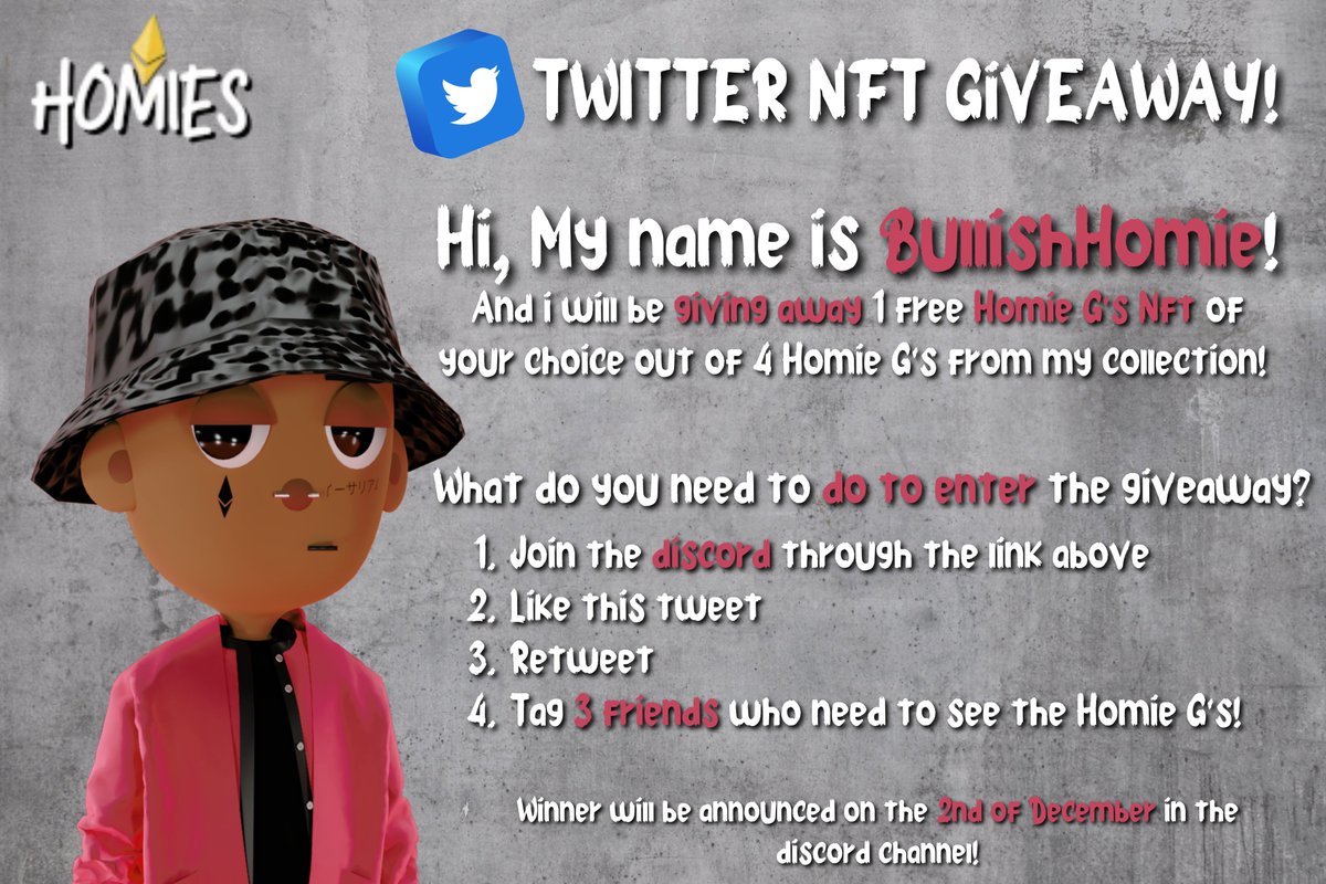 mich_media_'s tweet photo. HOMIES! YOU READY FOR A GIVEAWAY? 
Read the instructions below to enter the giveaway and win a Metaverse ready Homie G!

Official @EthereumHomies discord:
https://t.co/WVSdki6fuM

#NFTGiveaway #Ethereum #Homies #EthereumHomies #nftart #Giveaway #Metaverse #WAGMI https://t.co/iA5NuIxhKs