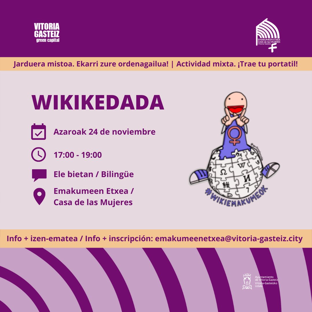 mentxuwiki's tweet photo. ¿Quieres (aprender a) editar Wikipedia para reducir la brecha de género?
#Wikikedada en la Casa de las Mujeres de #VitoriaGasteiz.
📆 24/11/2021
🕔 17:00 a 19:00
ℹ️ emakumeenetxea@vitoria-gasteiz.city
(Actividad mixta) https://t.co/QufBdH6ad1