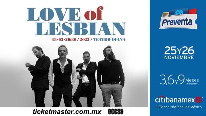 ¡Muy felices de poder anunciar nuestro concierto en Guadalajara, México 💥!  

Será el próximo 18 de marzo de 2022, en el @teatrodiana 

¡Ardemos de ganas! 
 
Boletos en @Ticketmaster_Me 

#loveoflesbian #VEHN_Mex_Tour #GuadalajaraMéxico #Jalisco