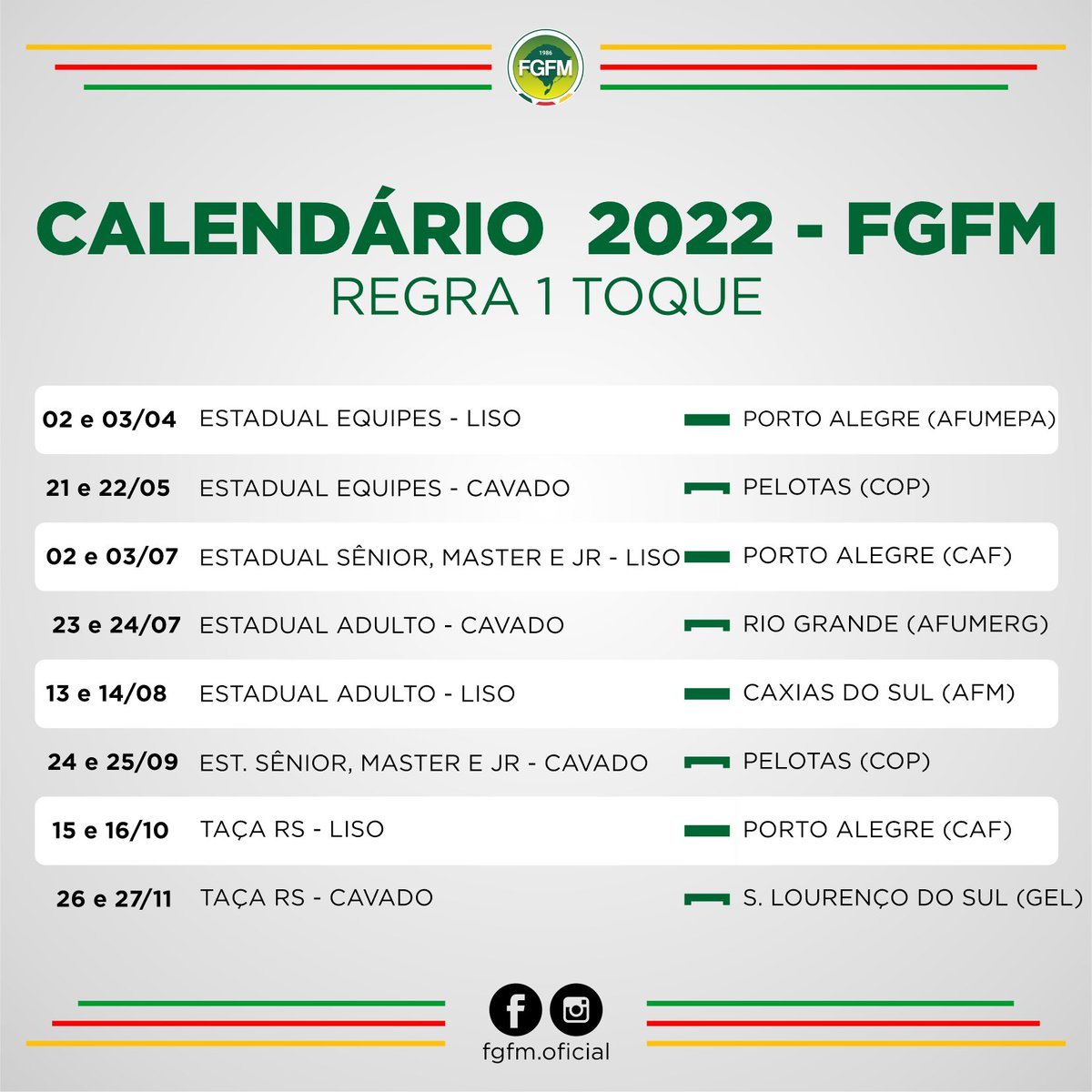 fgfmoficial's tweet photo. Em primeira mão, o Calendário 2022 - Regra 1 Toque, com as competições da FGFM.
Programe-se!
#FGFM #FutebolDeMesa #FutebolDeBotão https://t.co/5DfAVzHWHK