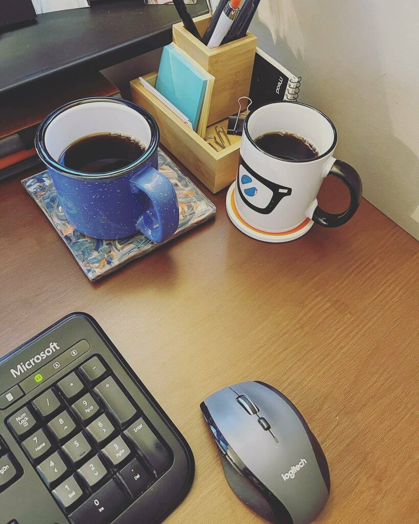 p_check's tweet photo. This is how my morning is going. Poured two cups of coffee at separate times this am. Didn’t realize it until just now when I went to reach for a sip from what I expected to be one mug. 🤣 Great news, I clearly have plenty of @rebootroasting coffee!
.… https://t.co/tVhWaYCOm6 https://t.co/Amg8ZoMHmp