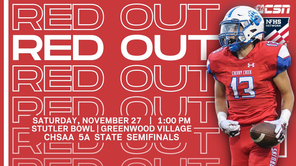 Saturday's Semifinal Game <a href="/CreekFB/">Cherry Creek Football</a> vs. <a href="/Legend_TitansFB/">Legend Titans Football</a> is Officially a RED OUT!!

Come out the Stutler Bowl decked out in red or join us on the NFHS Network for our senior’s final broadcast (Subscription Required)

🔗: nfhsnetwork.com/events/cherry-…