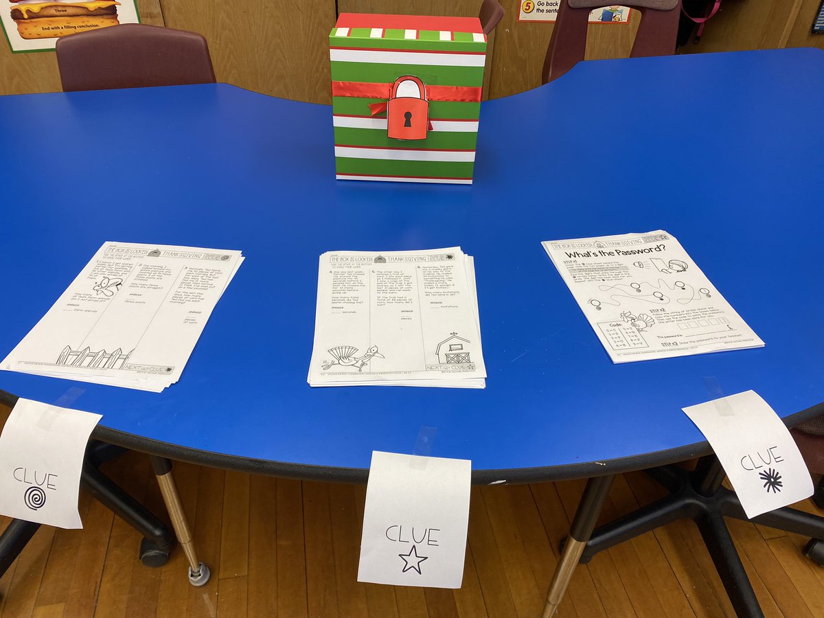 MrsTFort's tweet photo. What a fun way to practice our math fluency skills!! Students worked together to “Unlock the Box” by finding clues around the room when they correctly solved math equations. @WanamassaElem #learningisfun https://t.co/5nipMtwVCH