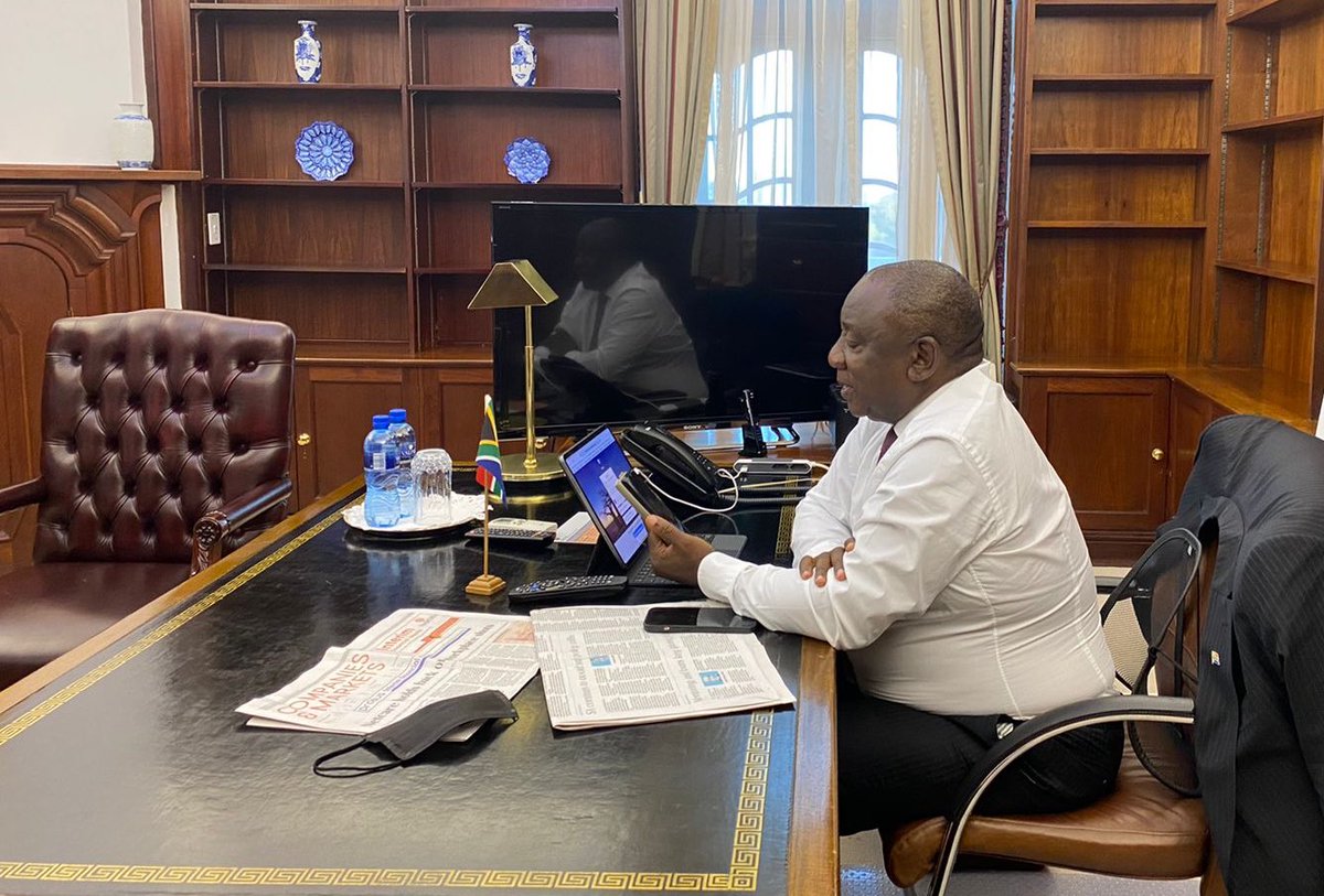 PresidencyZA's tweet photo. President @CyrilRamaphosa making calls to congratulate newly elected Metro mayors and welcoming them to the President’s Coordinating Council, a body that brings together different spheres of government to ensure integrated service delivery. #GrowSouthAfrica https://t.co/ArVjoEZ7mq