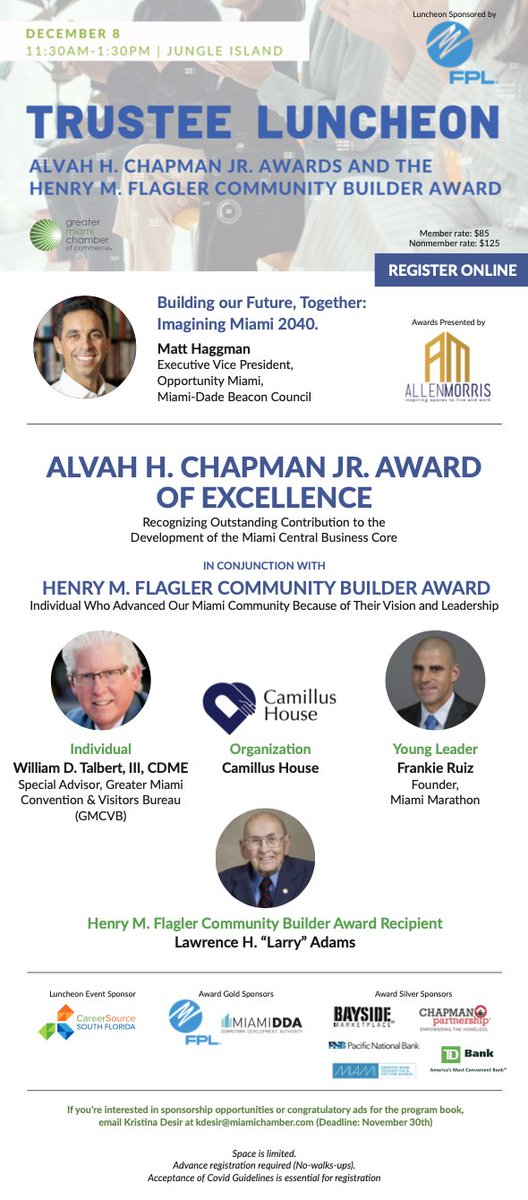 MiamiChamber's tweet photo. Join us on December 8th for our Trustee Luncheon and Awards Ceremony! Register here: https://t.co/ZiAOgiMKh2

Thank you to our sponsors: @insidefpl, @AllenMorrisCo, @CareerSourceSFL, #MiamiDDA, @BaysideMktplace,  #PacificNationalBank, @TDBank_US, @ChapmanPartner, @GreaterMiamiCVB https://t.co/hhdWYgzjvV