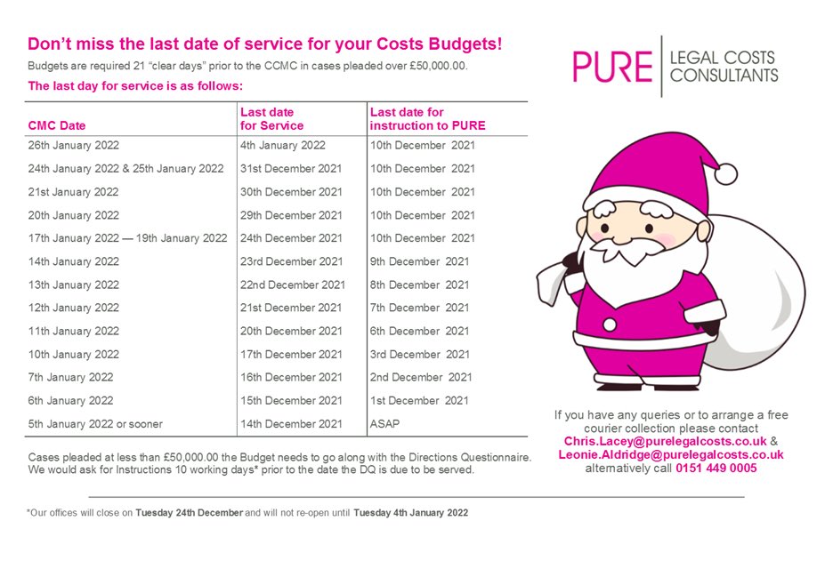 your_legalcosts's tweet photo. Don't miss the last date of service for your Costs Budgets! Contact our team on๐0151 443 6124 or๐งchris.lacey@purelegalcosts.co.uk if you have any queries or require a free courier collection! #CostsBudgets #CostsDraftsmen #CostsRecovery #Legal #LawFirms #Litigation https://t.co/5KrN6gTxun