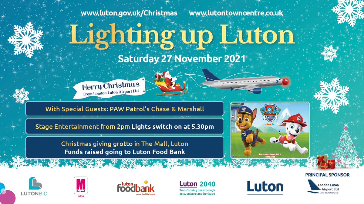 LutonBID's tweet photo. ๐ข THIS SATURDAY, 27 NOV ๐ข
Join us at #LightingupLuton where weโve arranged for PAW Patrolโs Chase & Marshall to make personal appearances at separate intervals between 1.15-4.15pm on George Street, #Luton
See them again at the light switch-on, 5.30pm, and bring your camera ๐ท https://t.co/xpcSaWMZMK