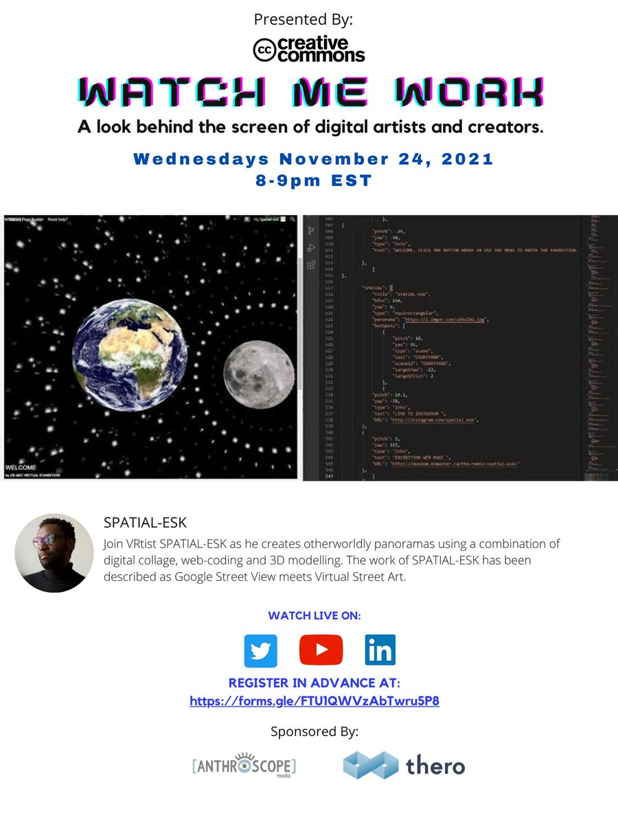 Creative Commons Canada (@cc_canada) on Twitter photo Come back and join us for the 2nd LIVE multicast of WATCH ME WORK, tomorrow at 8pm EST. Featuring presenting artist <a href="/Spatial_esk/">Spatial-esk</a> along with our Head of Arts & Culture @nevergalready co-hosting. #OpenSource #Software #VirtualReality Come back and join us for the 2nd LIVE multicast of WATCH ME WORK, tomorrow at 8pm EST. Featuring presenting artist <a href="/Spatial_esk/">Spatial-esk</a> along with our Head of Arts & Culture @nevergalready co-hosting. #OpenSource #Software #VirtualReality