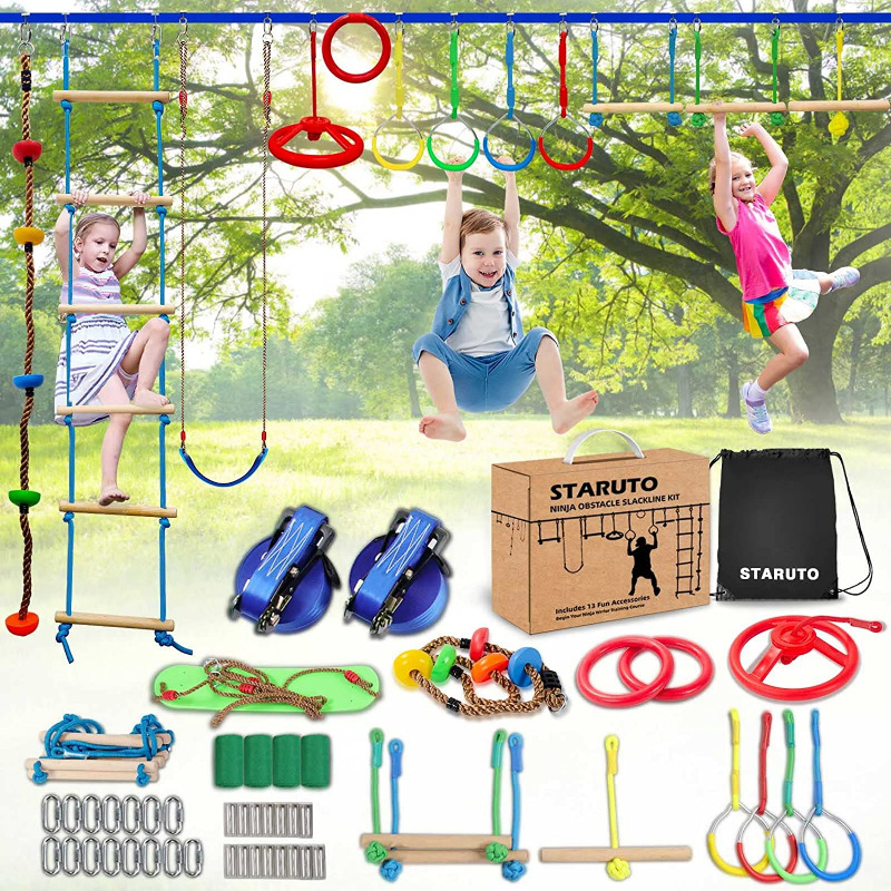 PlusCompare's tweet photo. Ninja Line Warrior Obstacle Course for Kids - 2X65FT Ninja Slackline with 13 Accessories for Kids, Ninja Wheel, Trapeze Swing Plus Webbing Ladder, Gym Rings, Monkey Bars, Rope Knots #ninja #warrior #obstacle #course #backyard #play #fun