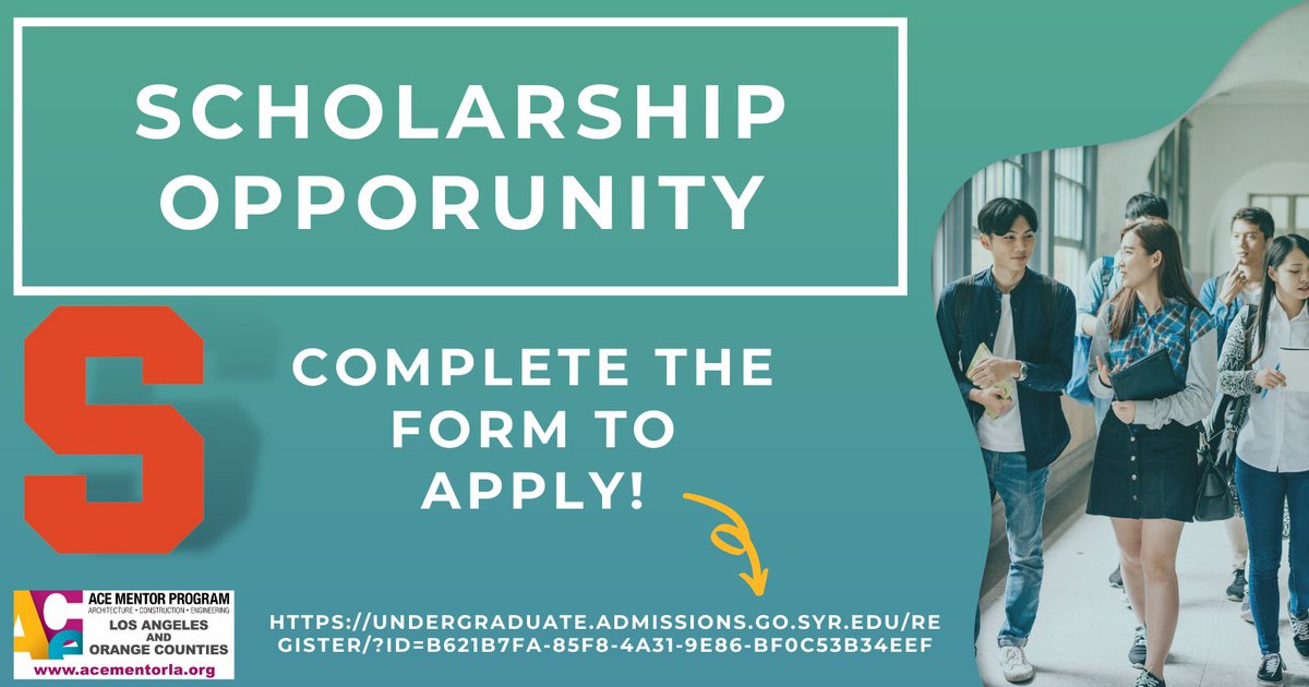 ACEMentorLA's tweet photo. Hey #ACEStudents, If you're interested in going out of state, pay attention for your next potential opportunity!
Syracuse University is offering scholarships to students of the #AceMentorProgram. Complete your scholarship application form at https://t.co/ozdJ4hD0Sq https://t.co/QVOoijlVzx