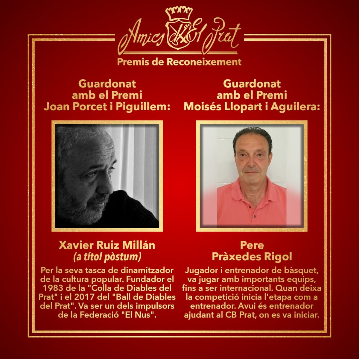 amicsdelprat's tweet photo. En Xavier Ruiz Millán (a títol pòstum) i en Pere Pràxedes Rigol són dos dels guardonats dels Premis de Reconeixement d'@amicsdelprat.

El dimarts 30 de novembre farem el lliurament dels premis al Cèntric de #elPrat. https://t.co/TlpsBLuE41