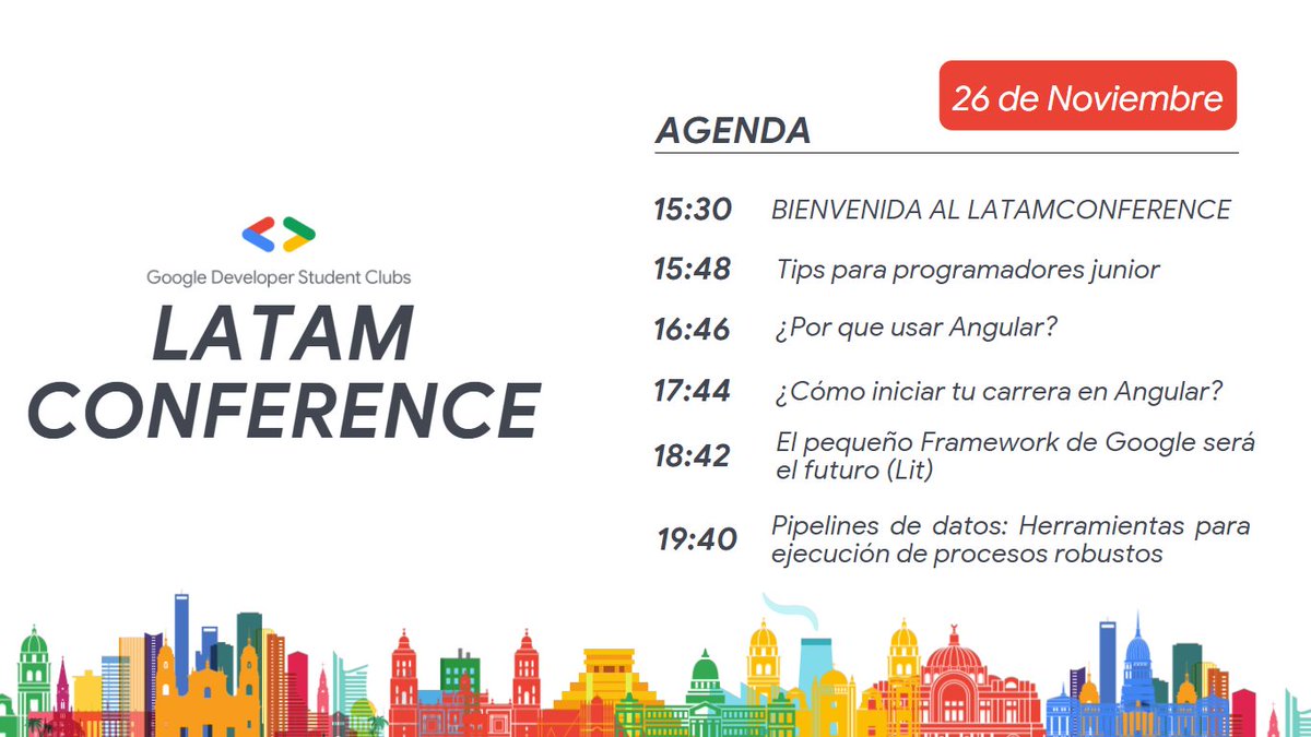 GdscLatam's tweet photo. 🥳Cada vez esta mas cerca el evento de las comunidades GDSC de Latinoamérica, es por eso que hoy lanzamos la agenda de conferencias del día 26 de Noviembre🥳

¡No te lo puedes perder!

Link: https://t.co/cofdWsrO9O 

#GDSC #GoogleDeveloperStudentClubs #GDSCLatamConference https://t.co/bZU7Av6JUa