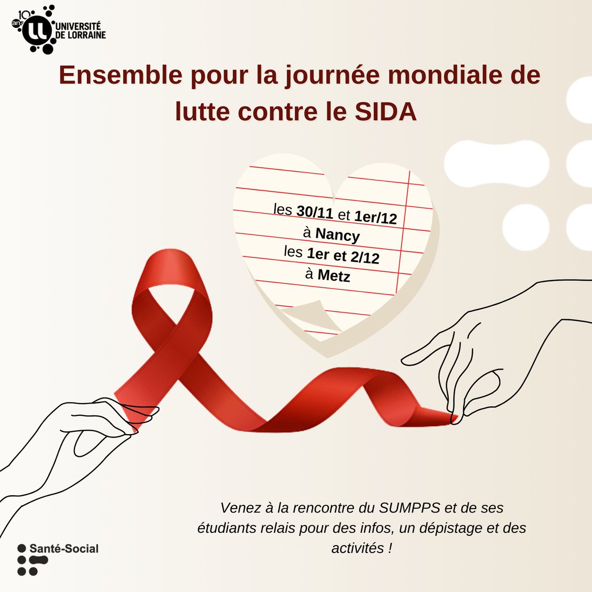 SChaupain's tweet photo. [JOURNÉE MONDIALE DE LUTTE CONTRE LE SIDA 🎗️] Étudiant·e·s, retrouvez les stands de prévention du #sumpps et profitez-en pour bénéficier d'un dépistage anonyme et gratuit
📍30.11 et 1.12 à Nancy
📍1 et 2.12 à Metz
+ d'infos 👉 https://t.co/7FYCPcpYAk https://t.co/NR4bv5ccEL