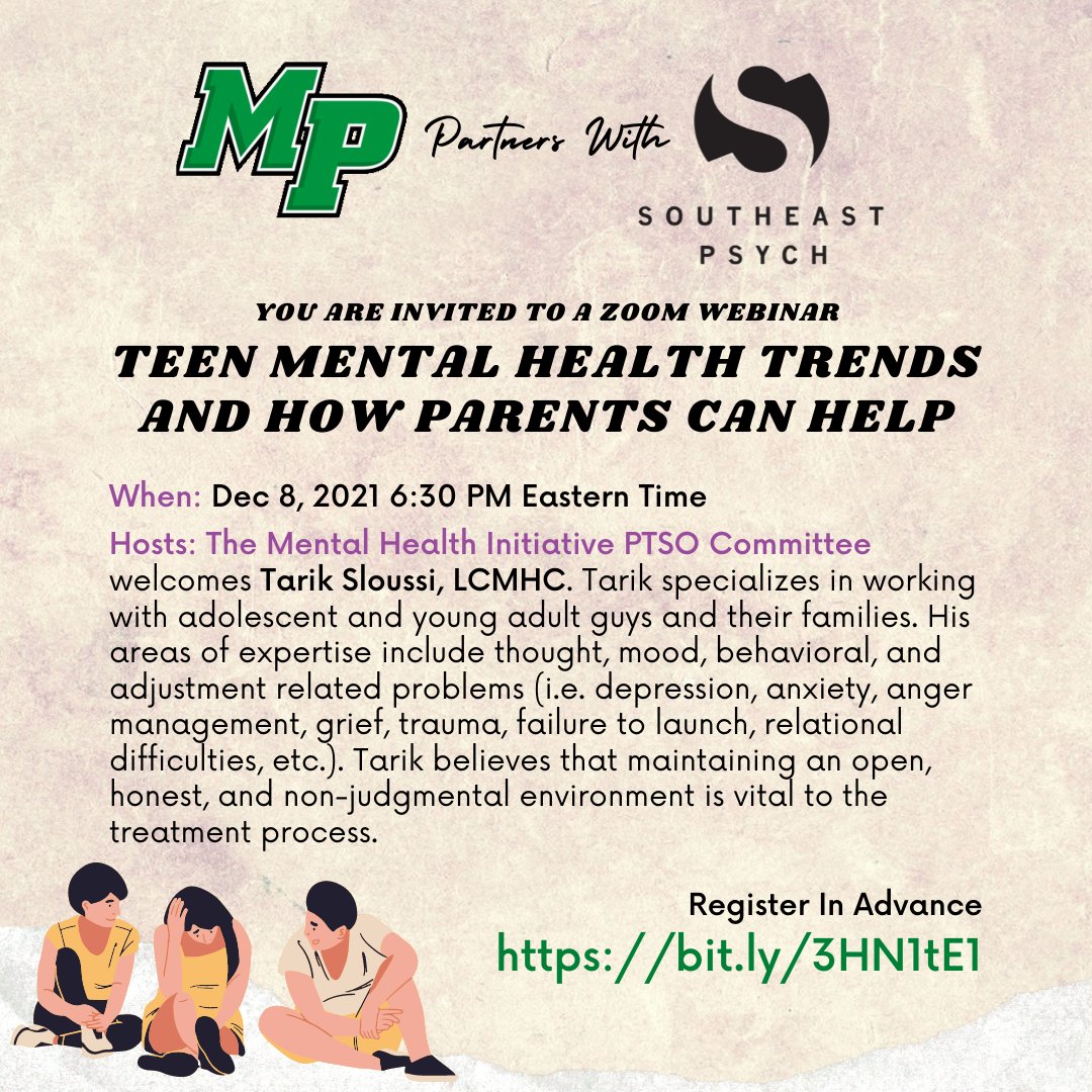 Register Webinar: bit.ly/3HN1tE1 12/8 6:30 PM EST -- Teen Mental Health Trends and How Parents Can Help -- The Mental Health Initiative PTSO Committee welcomes Tarik Sloussi, LCMHC from @southeast_psych. <a href="/CharMeckSchools/">Charlotte-Mecklenburg Schools</a> <a href="/MyersParkHS/">Myers Park High</a> <a href="/MyersParkIB/">Myers Park HS IB</a>