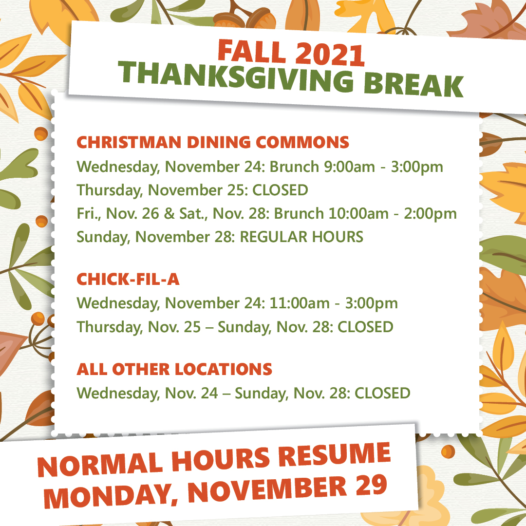 Here are the YSU Dining hours for Thanksgiving Break, penguins! 🦃 Adjusted hours begin Wednesday, November 24 and normal hours will resume on Monday, November 29. Stay safe and have a great break! #ysudining #ysu #thanksgiving
