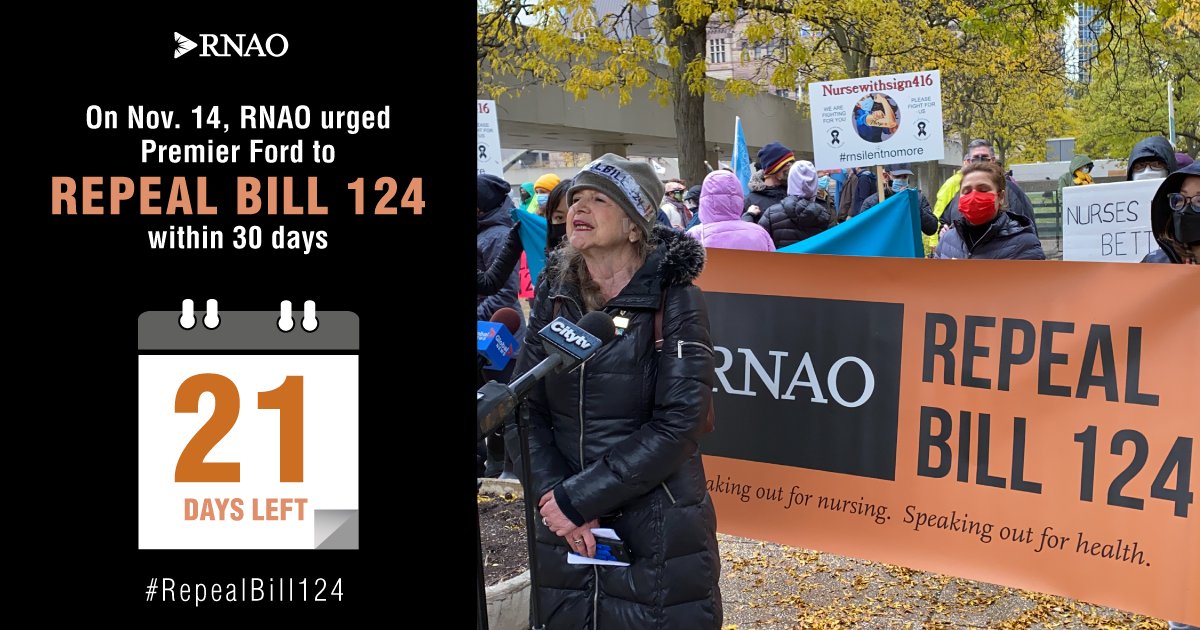 "We are not heroes, we are health-care professionals and we deserve respect," says our CEO <a href="/DorisGrinspun/">Dr. Doris Grinspun 🇨🇦 RN, PhD, FAAN, O.ONT</a>. #StandingWithNurses

There are 21 days left in our 30-day call to Premier <a href="/fordnation/">Doug Ford</a> to #RepealBill124! The Ontario government must act NOW. This is long overdue. #Bill124