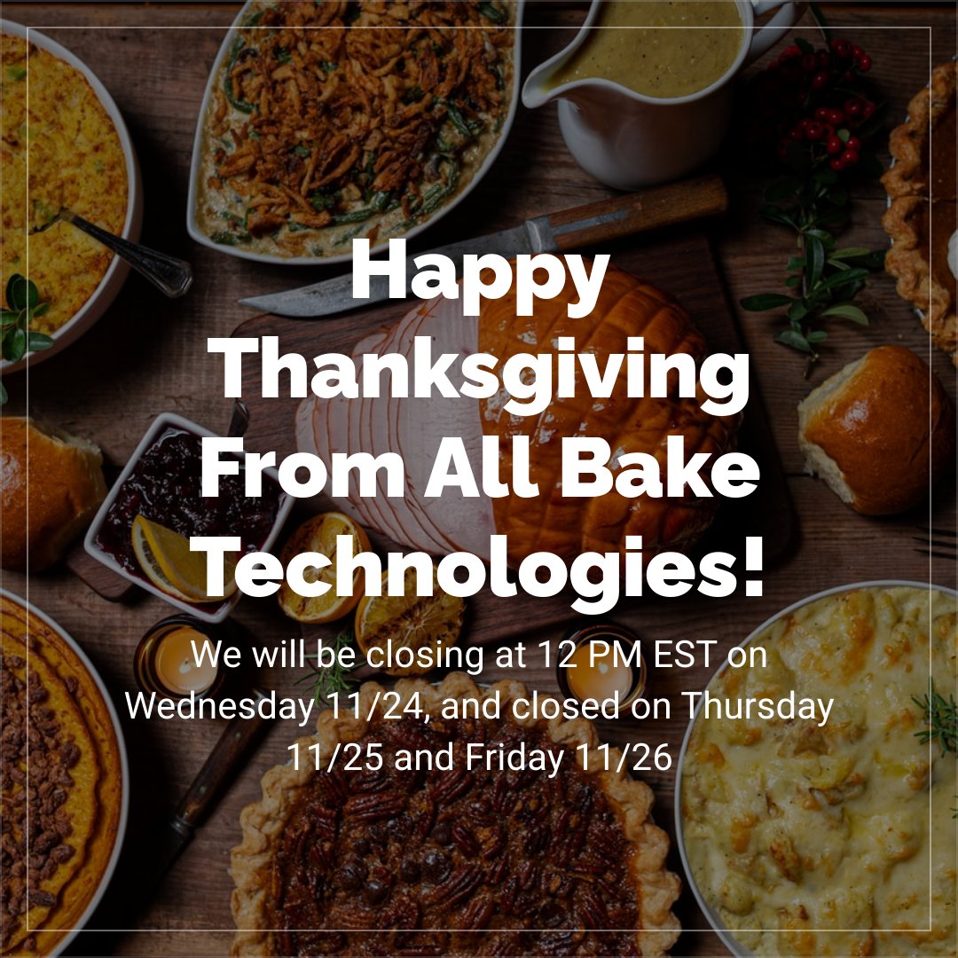 AllBakeTech's tweet image. Happy Thanksgiving from All Bake! We are closing early on Wednesday 11/24 at 12 PM EST, and closed on Thursday 11/25 and Friday 11/26. In the meantime, let's settle the debate over which Thanksgiving pie is best: apple, pumpkin, sweet potato, or pecan? - mailchi.mp/allbaketech/ha…