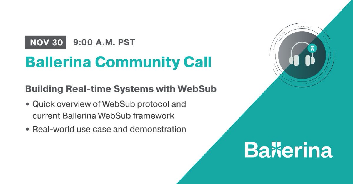 ballerinalang's tweet photo. Join us at our final #community call for 2021 as we discuss building real-time systems with #WebSub
▶️ YouTube live: https://t.co/OtbD3zrzqo
🗓️ Add to calendar: https://t.co/YiCvkGVpUK
#Ballerinalang #DEVCommunity #Code https://t.co/2qrUkH4QwL