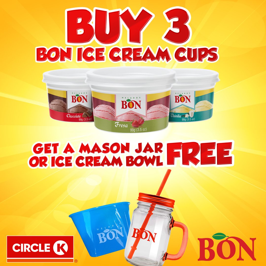 Wisynco's tweet photo. Don't miss out on this sweet deal! Enjoy your favourite BON ice cream in a new mason jar or ice cream bowl with your purchase of 3 BON ice cream cups π¦ .
Promotion available at all CircleK locations islandwide.
#Wisynco #BONIceCream https://t.co/afZWyiaB5p