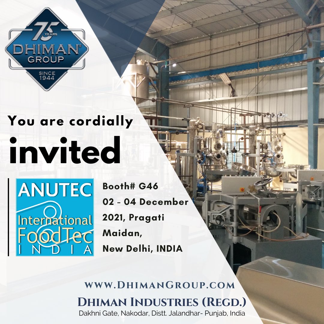 Dhiman_Group's tweet photo. #Dhimangroup is excited to showcase our exclusive #ConfectioneryEquipment at #ANUTEC. Booth Number: G45 
Meet us at the 15th edition of ANUTEC – International FoodTec India | 2-4 Dec 2021 | New Delhi.

#DhimanIndustries #ConfectioneryMachines #PragatiMaidan #Delhi https://t.co/En0YjRsG5B
