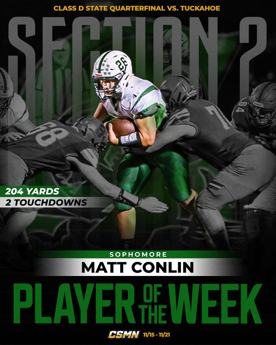 Greenwich sophomore Matt Conlin is the CSMN Section 2 Player of the Week! 🏈 Conlin rushed for 204 yards and 2 TDs in a 41-20 quarterfinal win. When asked about his early impact on the varsity team, the sophomore credited his great offensive line and his fantastic quarterback.