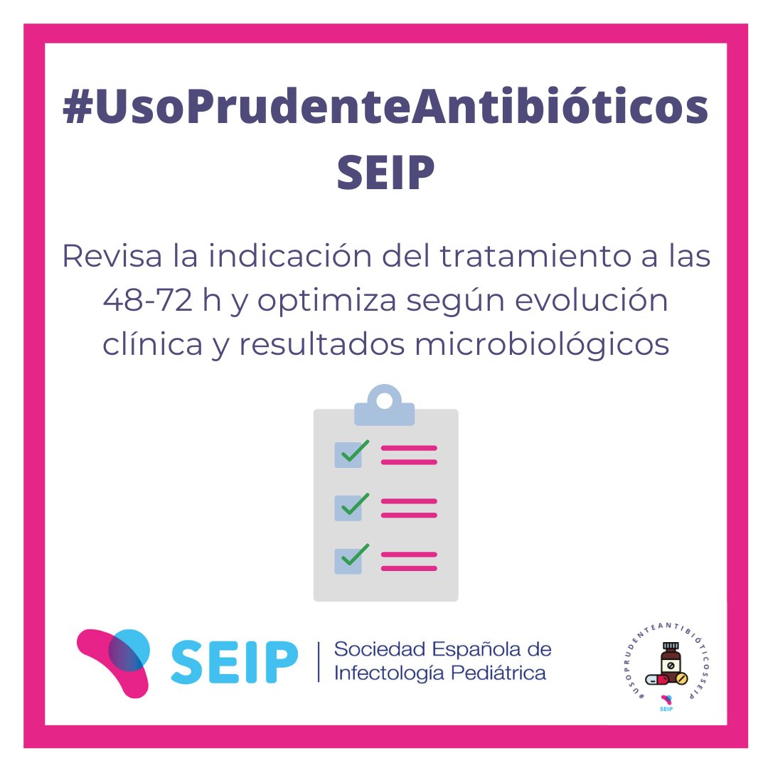 seipweb's tweet photo. #UsoPrudenteAntibióticosSEIP #PROA_SEIP Recuerda revisar la indicación del tratamiento antibiótico a las 48-72 horas. Optimízalo ajustando el espectro la vía de administración y la duración según la evolución clínica y los resultados microbiológicos; https://t.co/W4pSEzjCQ1 https://t.co/8a6tnZMrRe