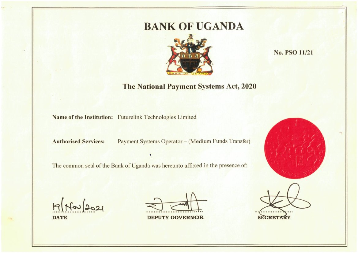 Glad to receive on behalf of <a href="/FutureLinkTechn/">FutureLink Technologies</a> , our Payments Systems Operator license from <a href="/BOU_Official/">Bank of Uganda</a>. As we build an equitable financial ecosystem in Africa, FLT is keen to protect the gains in Financial inclusion through shared value &amp; compliance with the laws of the land.