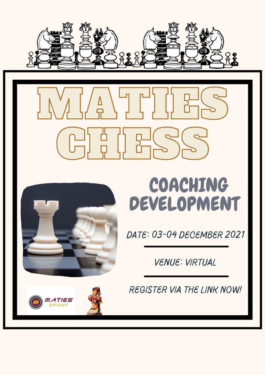 MatiesSport's tweet photo. NOTICE 🚨

Our Maties Chess Club is hosting a virtual coaching development program for the Cape Winelands Chess Region on 03-04 December. 

Registration is open to all coaches via the link: https://t.co/aaU1tkEijM

@ilhaamg @StellenboschUni @HyundaiSA @vanAarde11 

#matiessport https://t.co/P89gcwgpgG