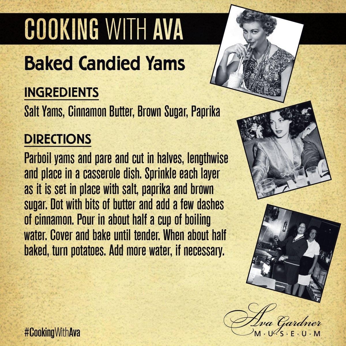 AvaMuseum's tweet photo. Yams are a #Thanksgiving staple! Try #AvaGardner's way of making them! 

Find this digital recipe card &amp; all of the others from our #CookingWithAva series rounded up on our blog in time for the holidays. Get the Ava-approved recipes: https://t.co/JDpZbg6DV8

#TCMParty #VisitJoCo https://t.co/hOISXIVZ1Y
