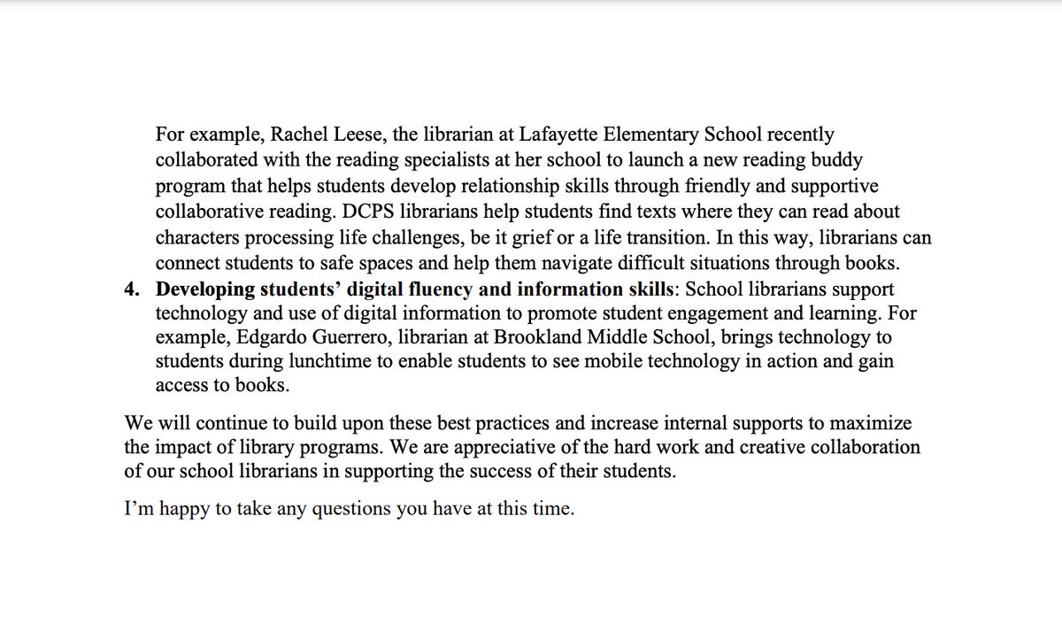 📚 Good news in Deputy Chancellor Maisterra's testimony on school librarians!

'For school year 2022-23, DCPS will allocate a full-time librarian at all @dcpublicschools schools and there will not be flexibility in reallocating these funds to other positions.”

#DCPSHasLibrarians