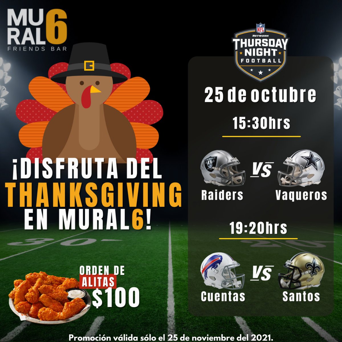 MuralSeis's tweet photo. Vente a ver la #NFL en #Mural6 para este #Jueves de #Thanksgiving  desde las 3 : 30 pm https://t.co/72x43egUcS