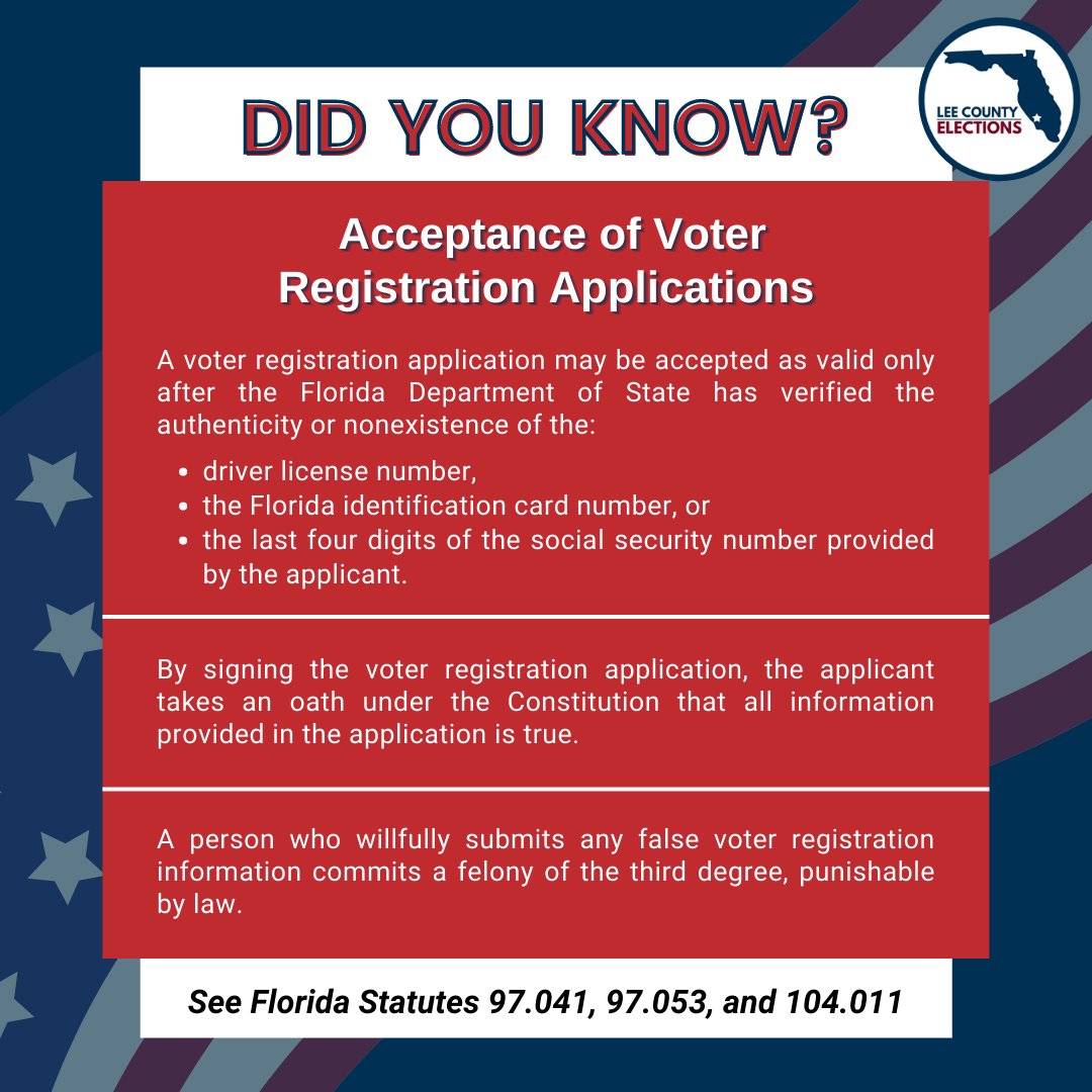 #DYK?
A voter registration application may be accepted as valid only after the State has verified it.

By signing the voter registration application, the applicant takes an oath that all information provided in the application is true.

See FL s. 97.053 bit.ly/3l1ENpP