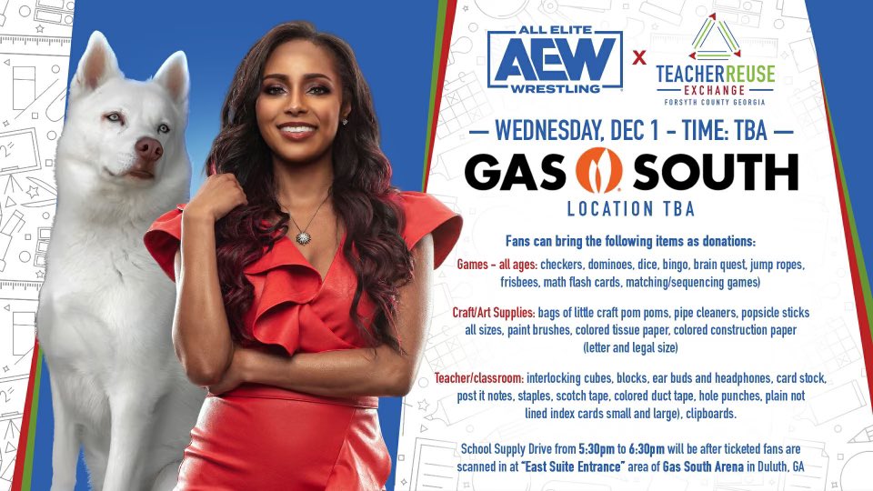 TeacherReuse's tweet photo. AEW is coming to Duluth &amp; supporting the TRE. We are beyond honored! Brandi Rhodes &amp; Pharaoh will be there to greet fans. And my nephew @QTMarshall will be wrestling! 

Get tickets at: https://t.co/syoI2voxdc. 

#aew #allelitewrestling #aewdynamite #tnt #brandirhodes @FCSchoolsGA https://t.co/hlTD2Fxmqe