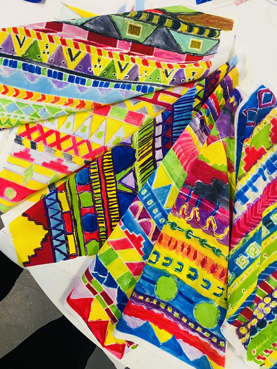 K_L_Herbert's tweet image. Exciting to see the outcomes of these beautiful Year 8 aztec transfer prints #transferprinting #textiles #vibrantdesigns