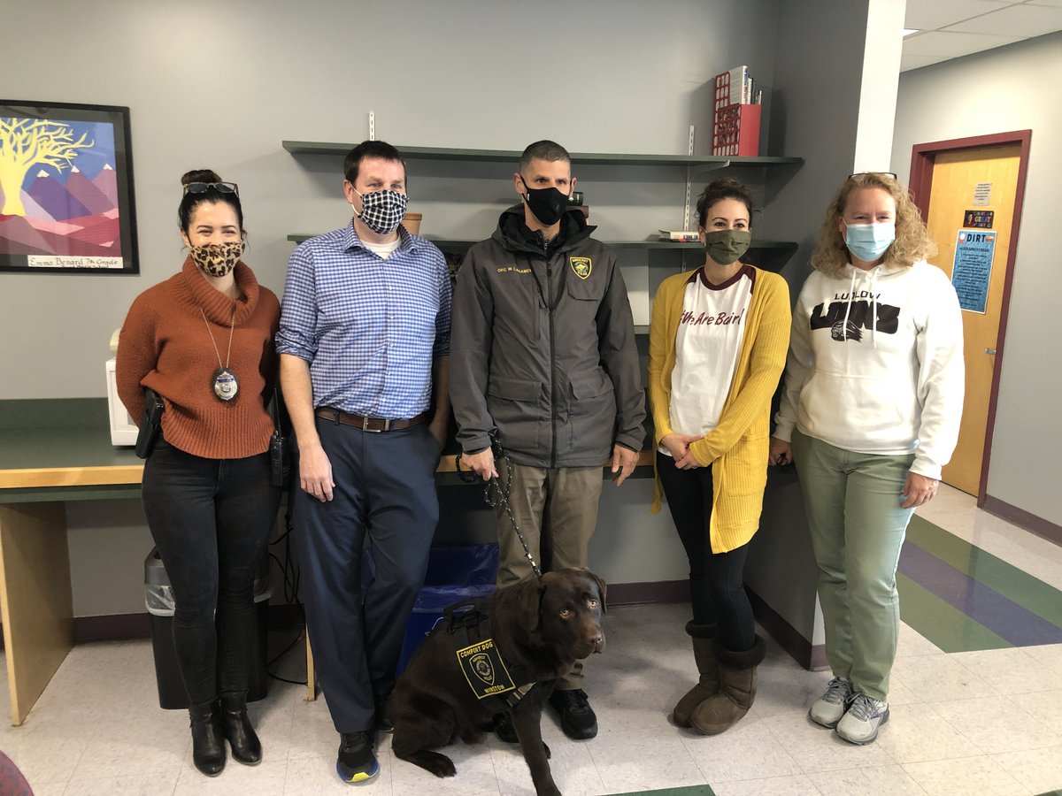 @PaulRBairdMS -WINSTON came for a visit! A 16 months old Labrador Retriever & his partner @AmherstMApolice Officer William Laramee work together as the department's community outreach team spending much of their day in the community making positive connections. #Thankyou Winston