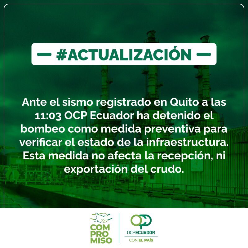 OCPEcuador's tweet photo. ⚠️⚠️ ATENCIÓN |  Les informamos que tras el sismo registrado en Quito a las 11:03, se ha detenido el bombeo como medida preventiva para verificar el estado de la infraestructura.

Esta medida no afecta la recepción, ni exportación del crudo 

#OCPEcuador #CompromisoOCP https://t.co/VFWHqOmpwo