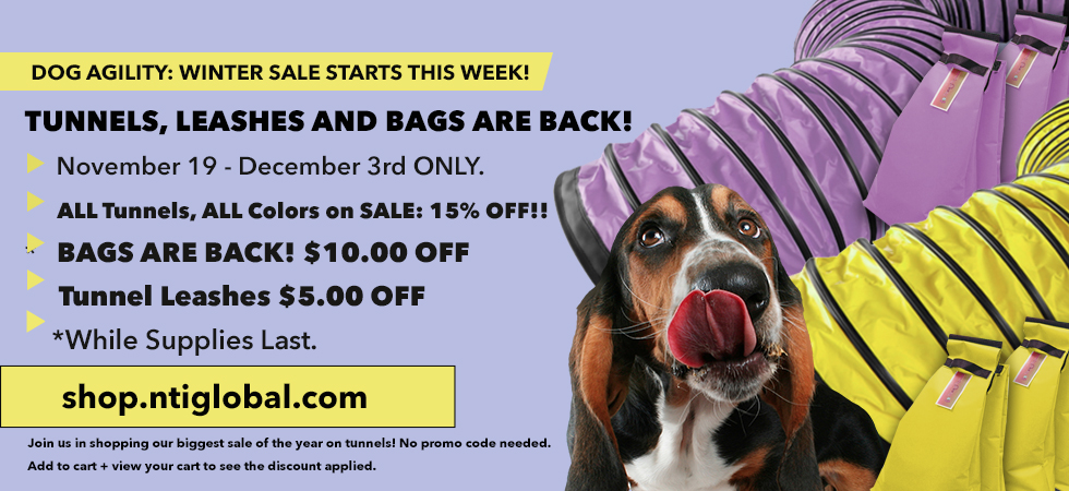 DogSportMag's tweet photo. NTI Agility Sale continues - DEC 3RD ONLY: 
* ALL Tunnels, ALL Colors on SALE: 15% OFF!!!!  
* BAGS ARE BACK! $10.00 OFF
* Tunnel Leashes $5.00 OFF 
Join us in shopping our biggest sale of the year on tunnels! No promo code needed. *While Supplies Last. https://t.co/Bp5MUXmazN https://t.co/04m2VSzVKj