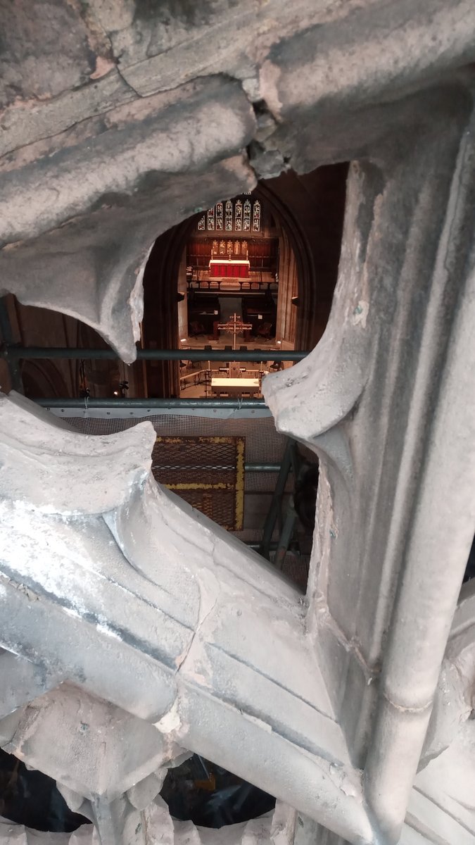 The altar at @RothMinster, as seen from the outside, from the top of the scaffolding, where the stained glass window is being removed as part of a £400k restoration project. Update story for @rotherhamtiser coming soon.