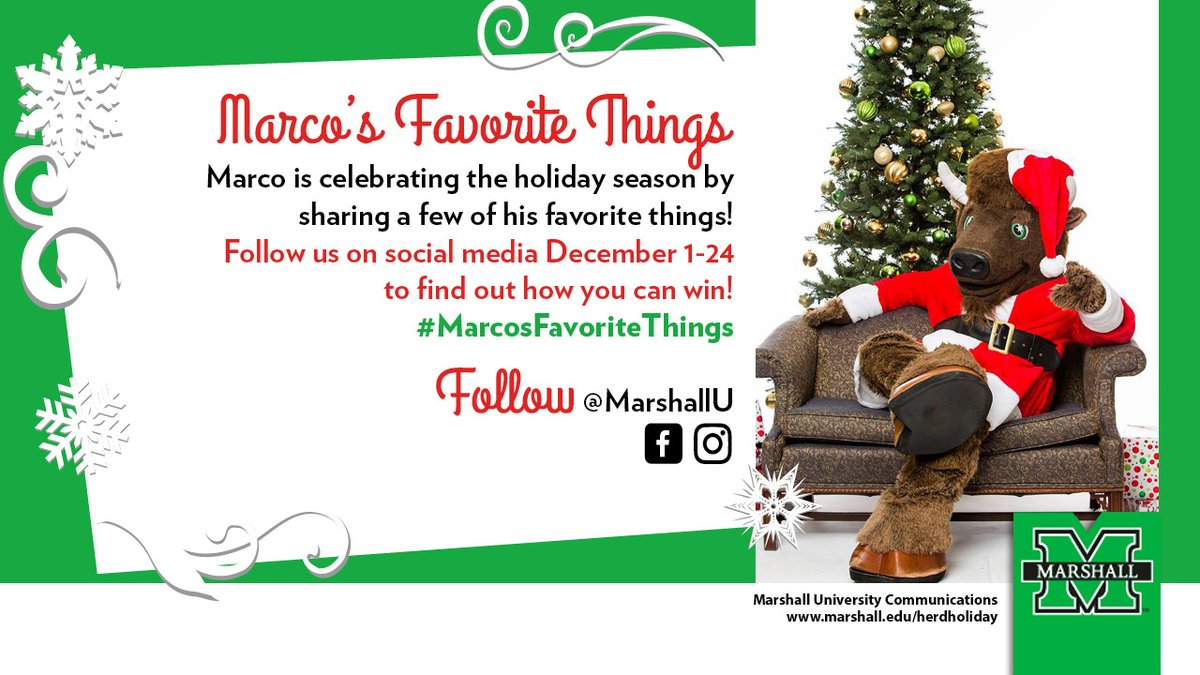 marshallu's tweet photo. Marco is celebrating the holiday season by sharing a few of his favorite things! Follow @MarshallU on Facebook and Instagram Dec. 1- 24 to find out how you can win! 
#MarcosFavoriteThings #HerdHoliday #MarshallUFamily https://t.co/C3v4oNkoE0