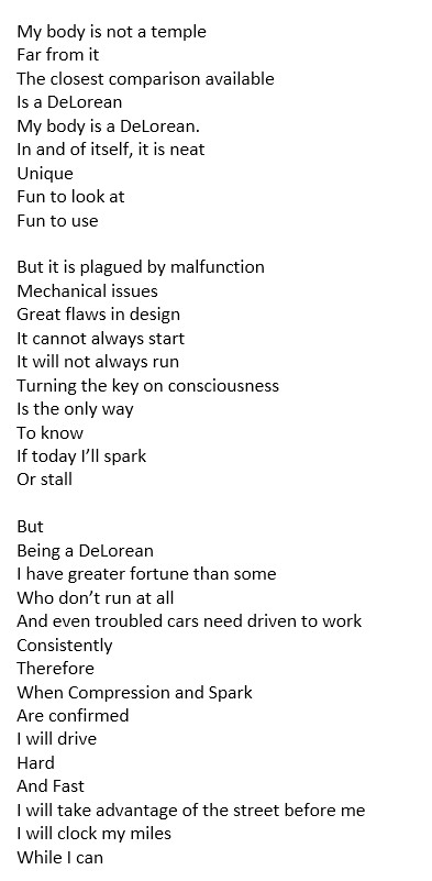 RDSullyWrites's tweet photo. My Body is a DeLorean: A Poem https://t.co/Zpfz2OLVPS