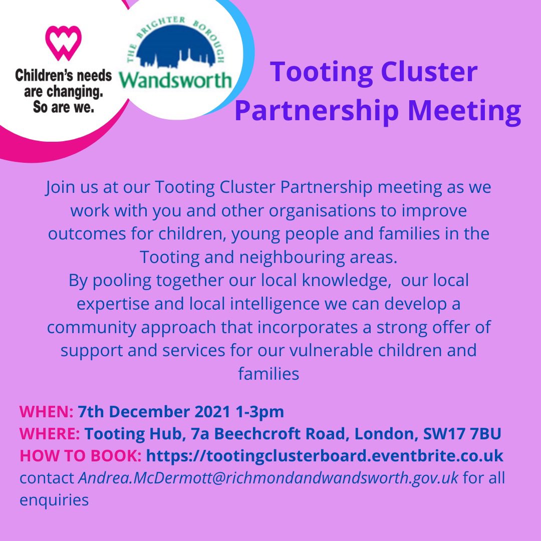Come join us for our 1st Tooting Cluster meeting looking at ways how we and the community can use our skills and knowledge to support vulnerable families and children in the community #Tooting #community #supportforfamilies #StrongerTogether