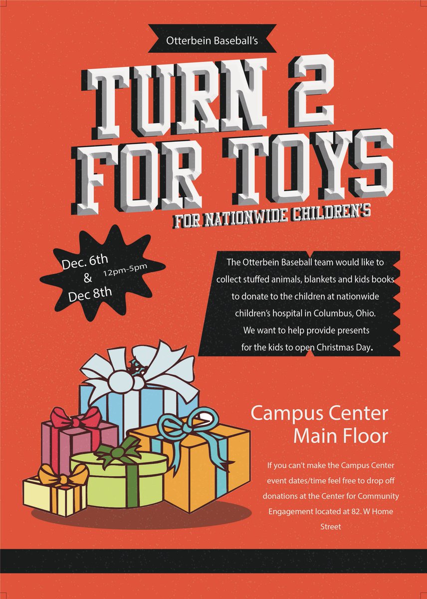 Otterbein Baseball (@oucardsbaseball) on Twitter photo Our 1st annual toy drive for <a href="/nationwidekids/">Nationwide Children's Hospital</a> is kicking off! Please consider donating to this cause to help us positively impact as many kids lives as possible! #BirdGang #ForTheKids Our 1st annual toy drive for <a href="/nationwidekids/">Nationwide Children's Hospital</a> is kicking off! Please consider donating to this cause to help us positively impact as many kids lives as possible! #BirdGang #ForTheKids