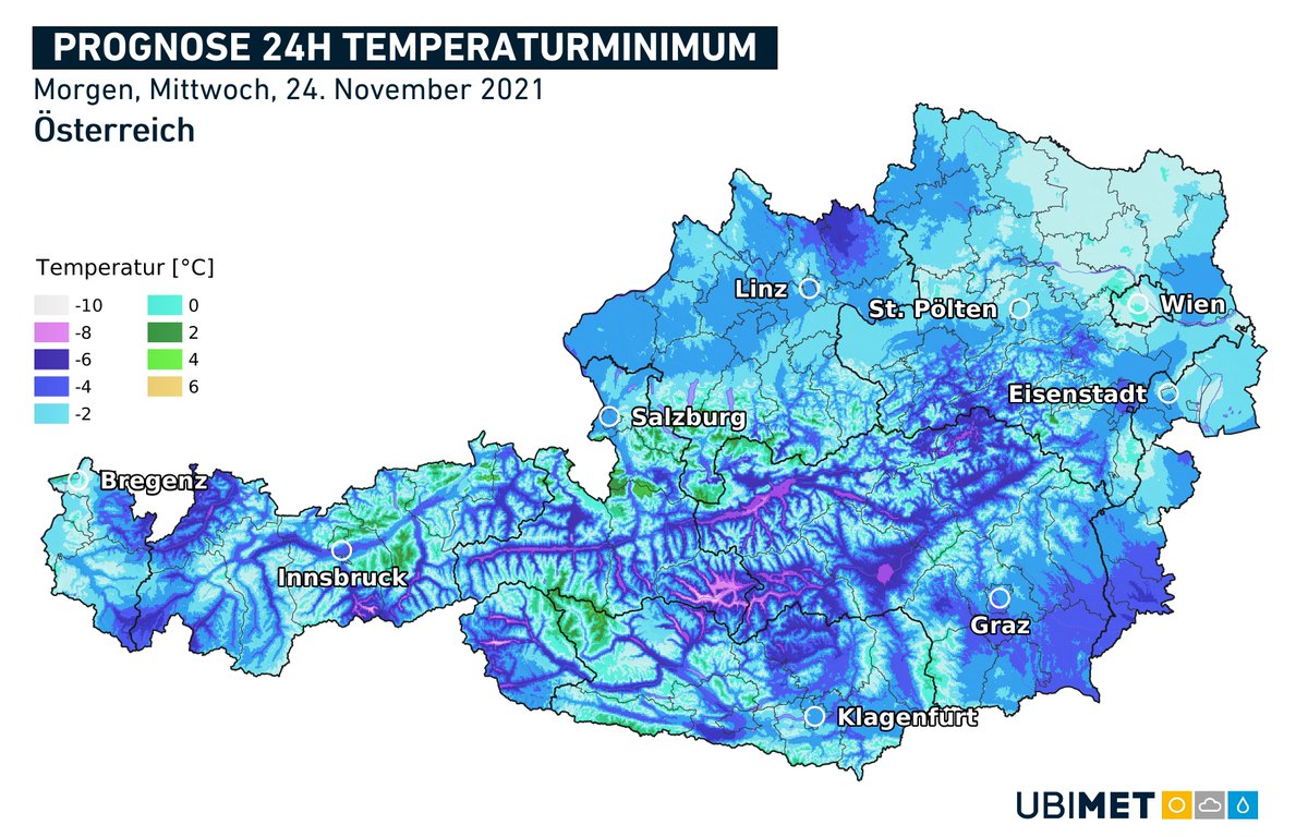 uwz_at's tweet photo. Hoch #WALPURGA sorgte heute zumindest regional für recht sonniges #Wetter. Die kommende Nacht verläuft allerdings bei schwachem Wind meist klar: Die perfekten Bedingungen für mäßigen #Frost. Inneralpin ist lokal sogar strenger Frost (Tmin < -10°C) möglich! https://t.co/u4HIrXNiSn