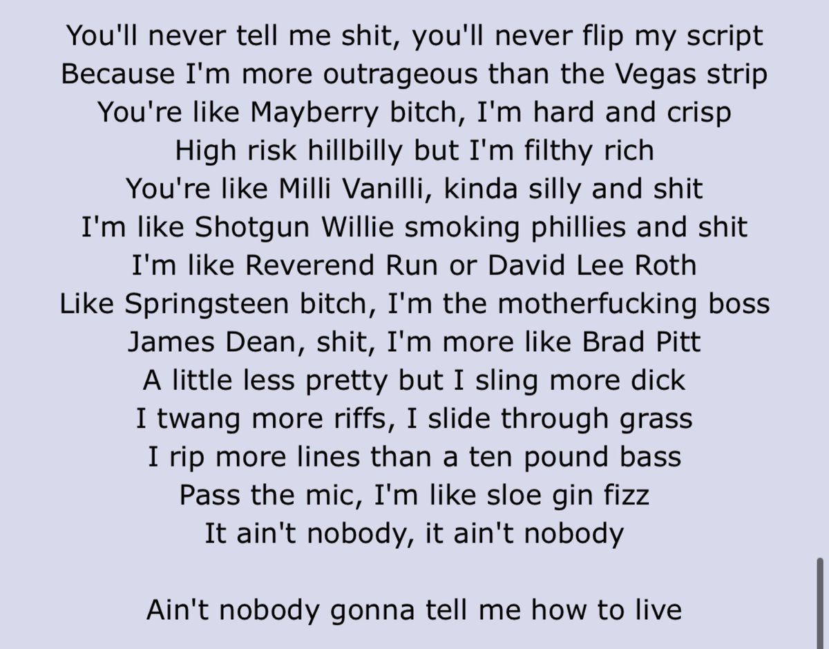 I just read the lyrics for the new Kid Rock song and holy shit you guys, @alyankovic wasn’t wrong it really does sound like a parody.