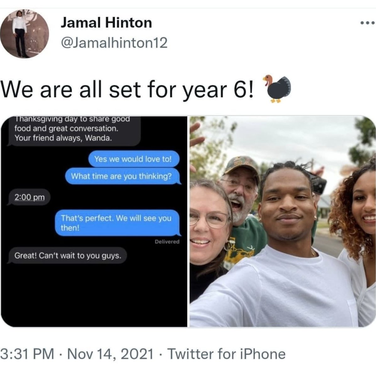 somegoodnews's tweet photo. This grandmother mistakenly texted a Thanksgiving invite to the wrong number. Read what happens next. ❤️ 

📷: Jamalhinton12 on Twitter https://t.co/oknVmPRNKc