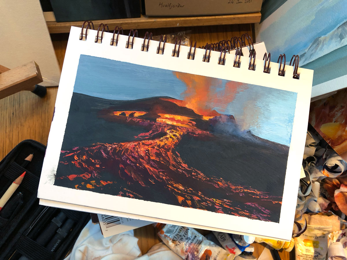 eldfjalladag's tweet photo. (Painting 90/100 - 01.07.2021)
The lava made such beautiful patterns! oh and we're at 90! 90 PAINTINGS!

If you'd like to see all of these #paintings together in a volcano #artbook please support the project and order a copy - link in bio ❤️ https://t.co/MtiR5q5p8Z