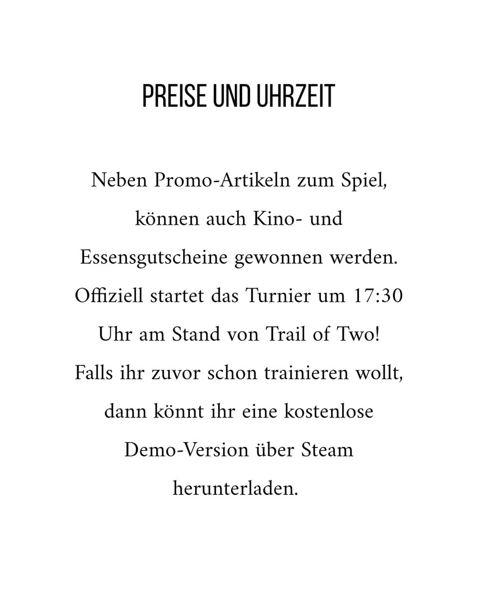 Freut auch auf ein Turnier mit dem Spiel:

🔥 TRIAL OF TWO 🔥

Tretet gegeneinander an, zeigt uns, wer der:die Bessere ist und freut euch auf tolle Preise! 🤩