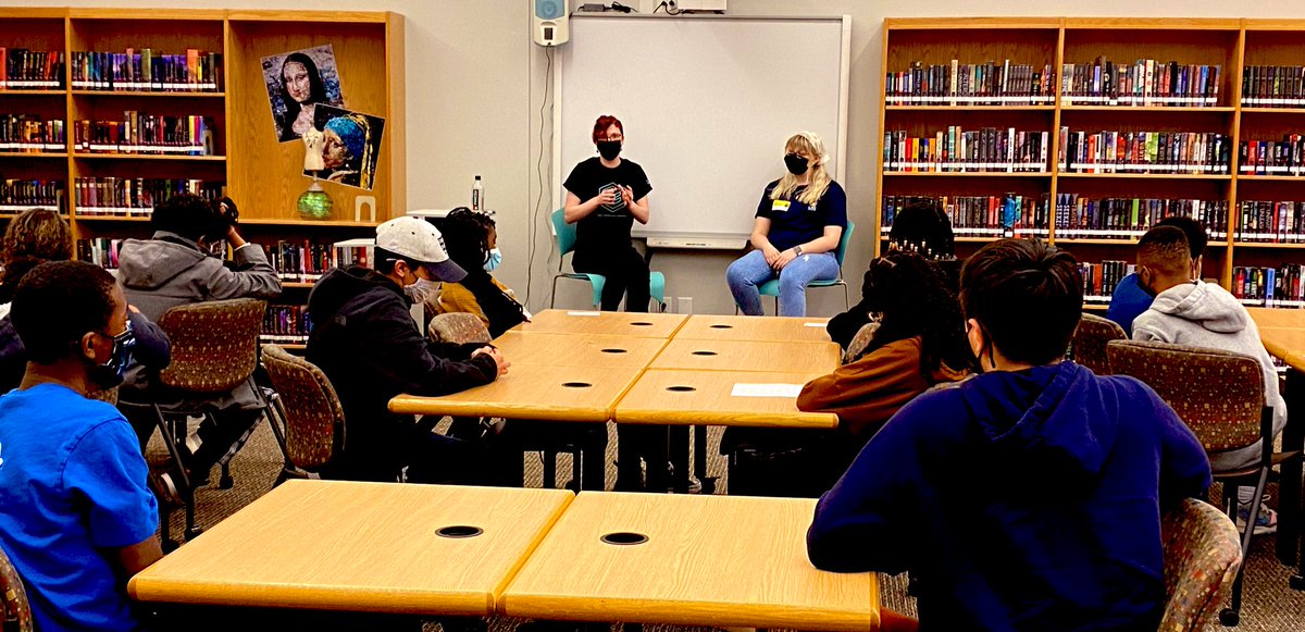 VernonMaloneCCA's tweet photo. Giving Back: Alumni writers share story telling tips with English classes today! @WCPSS @wcpssmagnets #vmccaenglish https://t.co/9P7J8Y7rz3