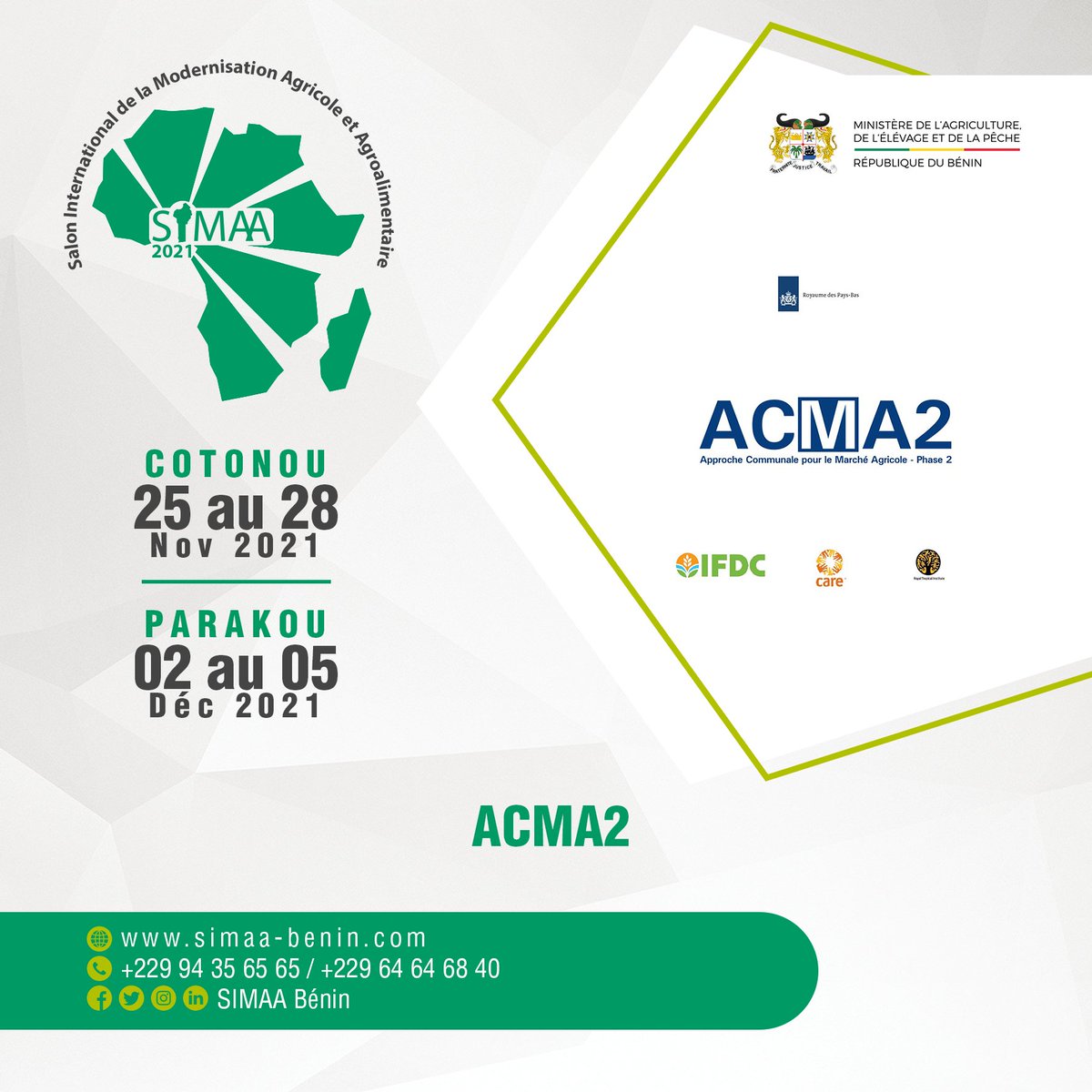 SimaaBenin's tweet photo. Ils seront bien présents au SIMAA!
Le programme « Approche communale pour le marché agricole au Bénin – phase 2 » (ACMA2)
Tél : +229 97 89 20 46 / +229 66 37 93 19
#simaabenin #agriculture #afrique #MAEP 
https://t.co/9j6mO80etS https://t.co/n8cjEt3rBp