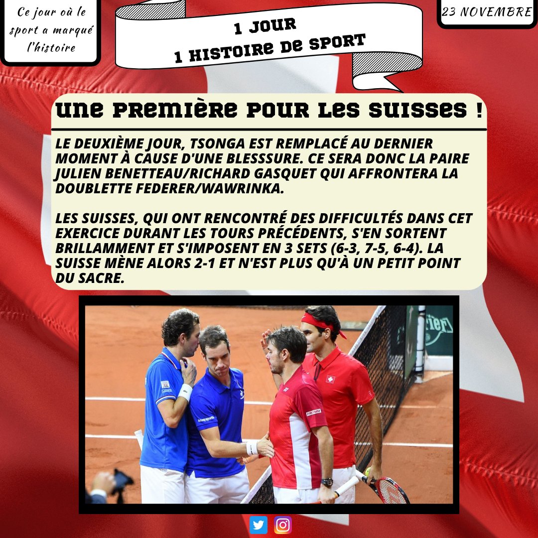 1Histoire2Sport's tweet photo. Retour sur le dénouement de la finale de Coupe Davis 2014. Un moment historique pour la Suisse ! 🏆

#tennis #sport #coupedavis #suisse #france #federer #wawrinka #gasquet #monfils #tsonga #benetteau #finale #victoire #champions #champion #histoiredesport https://t.co/RkftxcdgRi